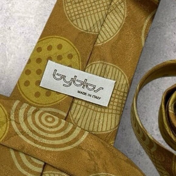 BYBLOS 100% Silk Tie ITALY Brown Gold Geometric W:3.6" EUC - Picture 2 of 6